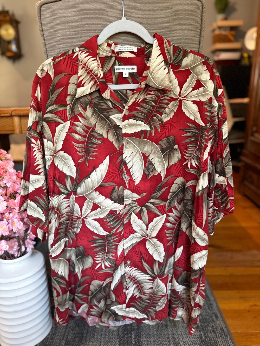 Pierre Cardin Red and Cream Tropical Leaf Camp Shirt